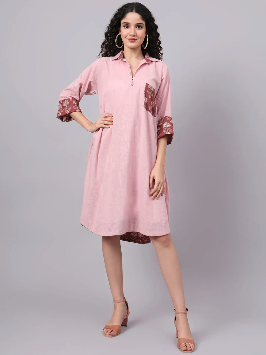 Women’s Tan Rose Pink Collared A-Line Cotton Dress | The Saffron Saga