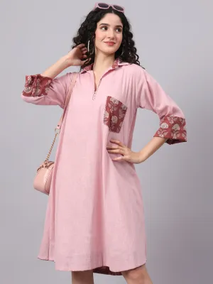 Women’s Tan Rose Pink Collared A-Line Cotton Dress | The Saffron Saga