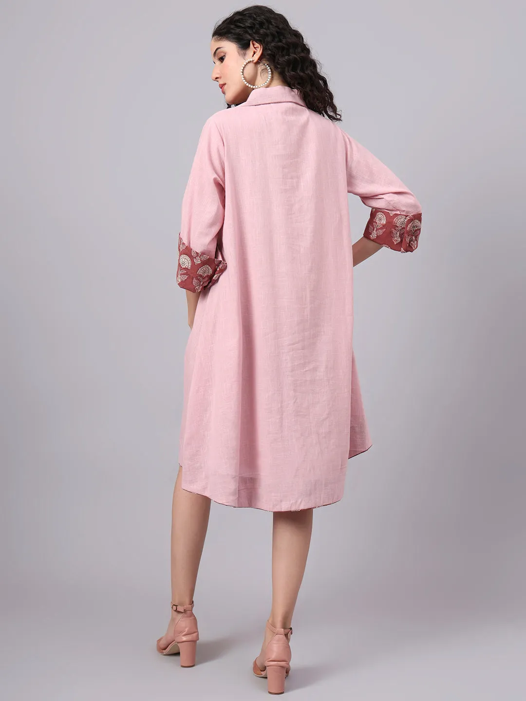 Women’s Tan Rose Pink Collared A-Line Cotton Dress | The Saffron Saga