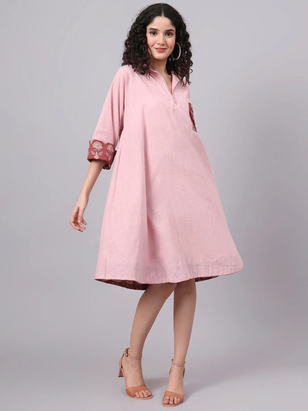 Women’s Tan Rose Pink Collared A-Line Cotton Dress | The Saffron Saga