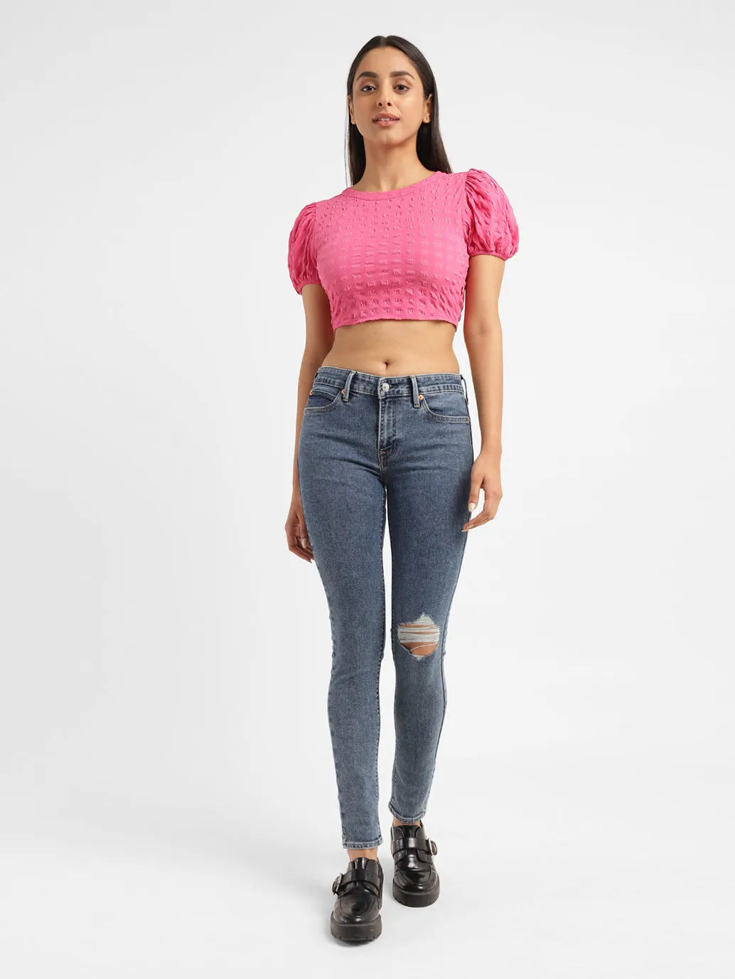 Women's Textured Pink Round Neck Top