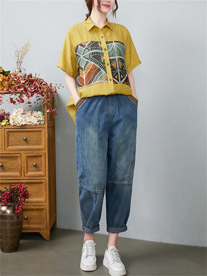 Women's Vintage Printed Spliced Short Sleeve Shirt