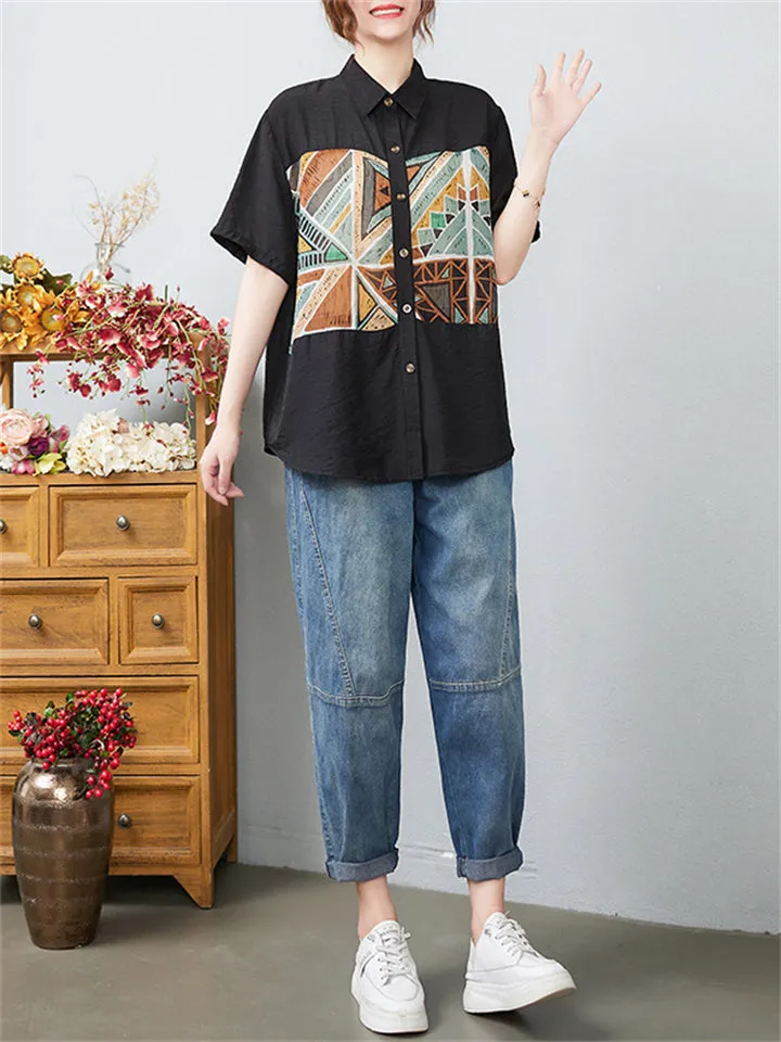 Women's Vintage Printed Spliced Short Sleeve Shirt