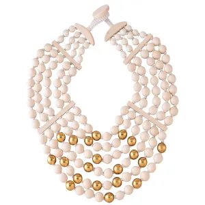 WOOD BEADED STATEMENT NECKLACE. WHITE/GOLD