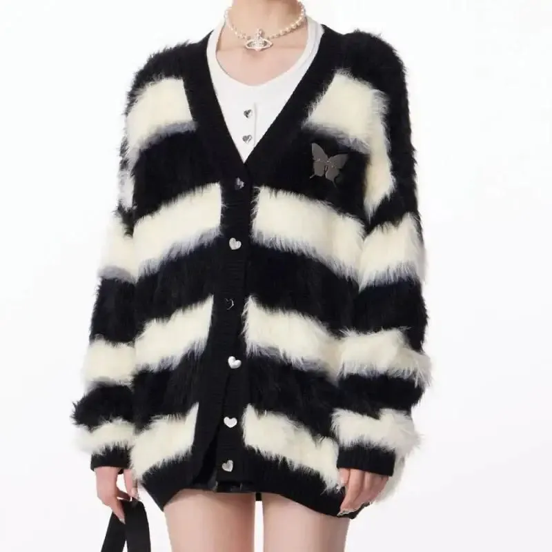 Y2K Striped Loose Fit V-Neck Jacket with Full Zip for Women