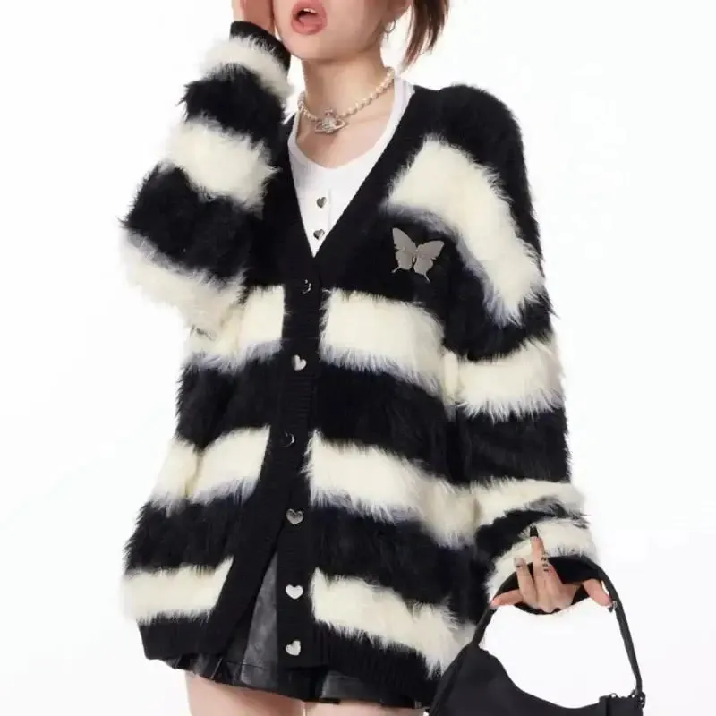 Y2K Striped Loose Fit V-Neck Jacket with Full Zip for Women