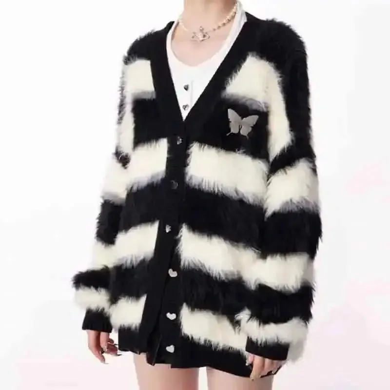 Y2K Striped Loose Fit V-Neck Jacket with Full Zip for Women