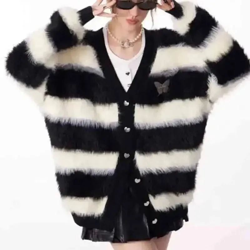 Y2K Striped Loose Fit V-Neck Jacket with Full Zip for Women