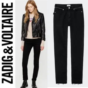 Zadig &amp; Voltaire Paris Eva Zip Jeans Raw Released Hem Slim Skinny Black 27