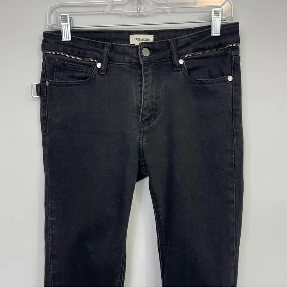 Zadig &amp; Voltaire Paris Eva Zip Jeans Raw Released Hem Slim Skinny Black 27