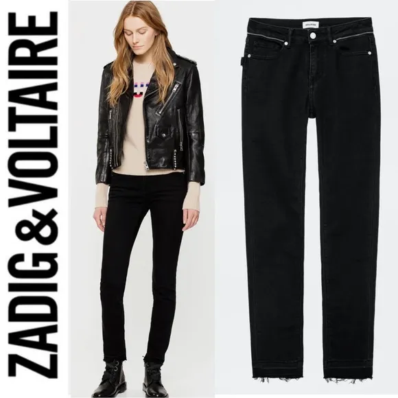 Zadig &amp; Voltaire Paris Eva Zip Jeans Raw Released Hem Slim Skinny Black 27