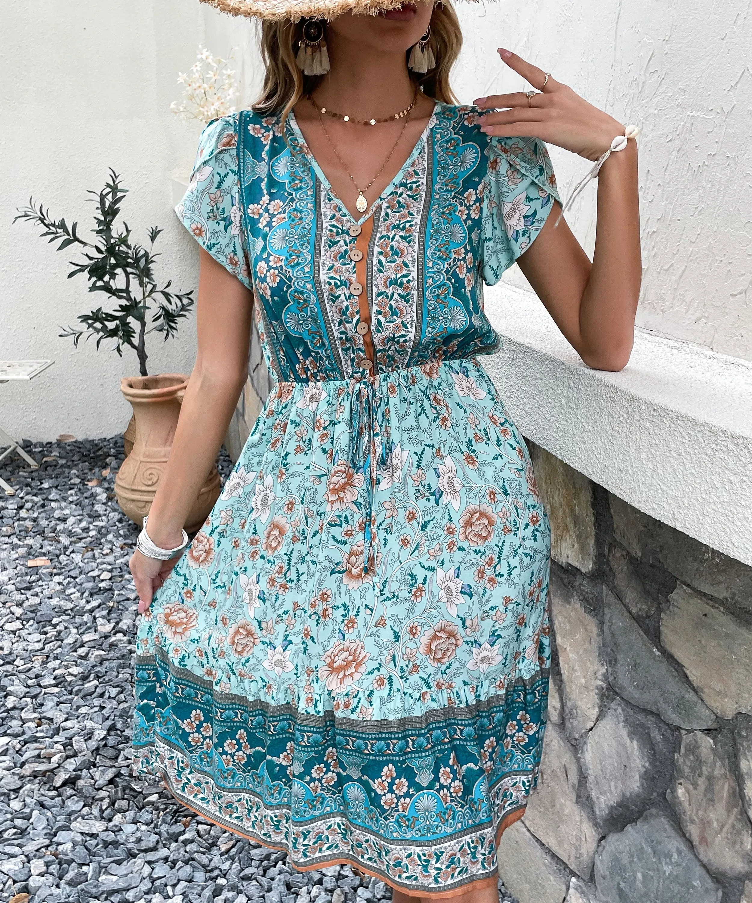 Zebina Midi Dress - Teal Print